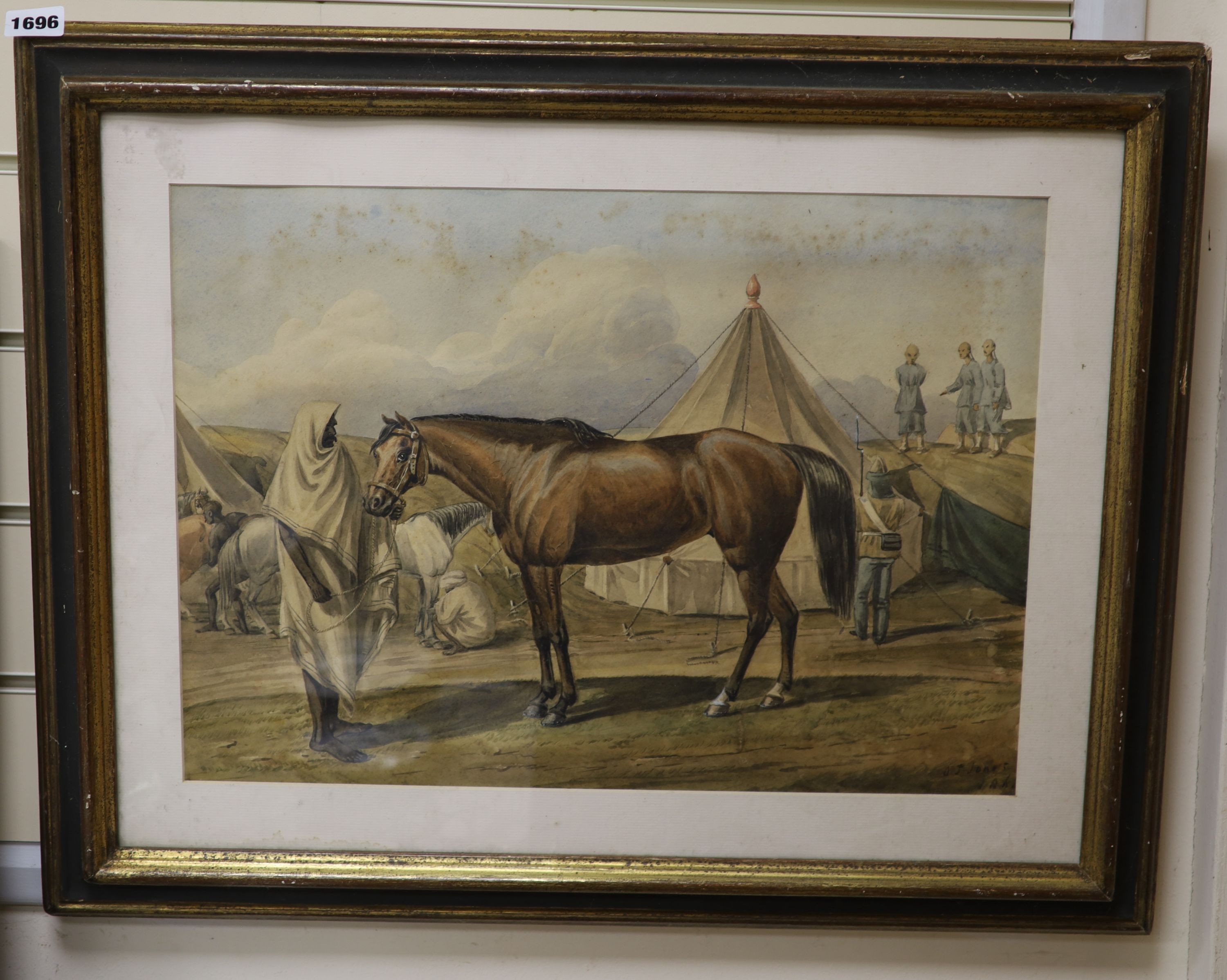 O.J.Jones (19th C.), watercolour, Arab horse in an English army camp, Chinese figures on the hillside, signed and dated 186.., 34 x 48cm.